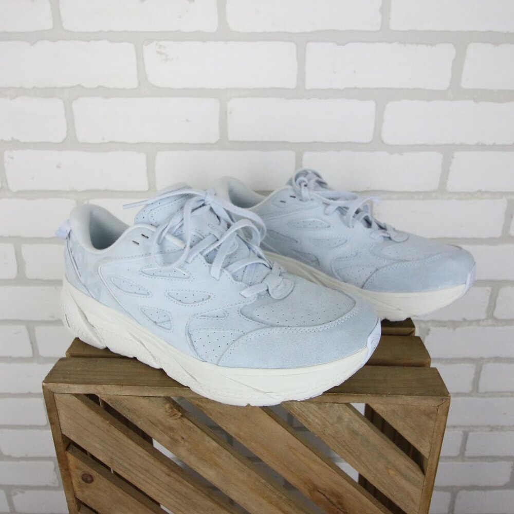 Hoka One U Clifton L Suede Sneakers Womens 12.5 Mens 11.5 Light Blue Walking